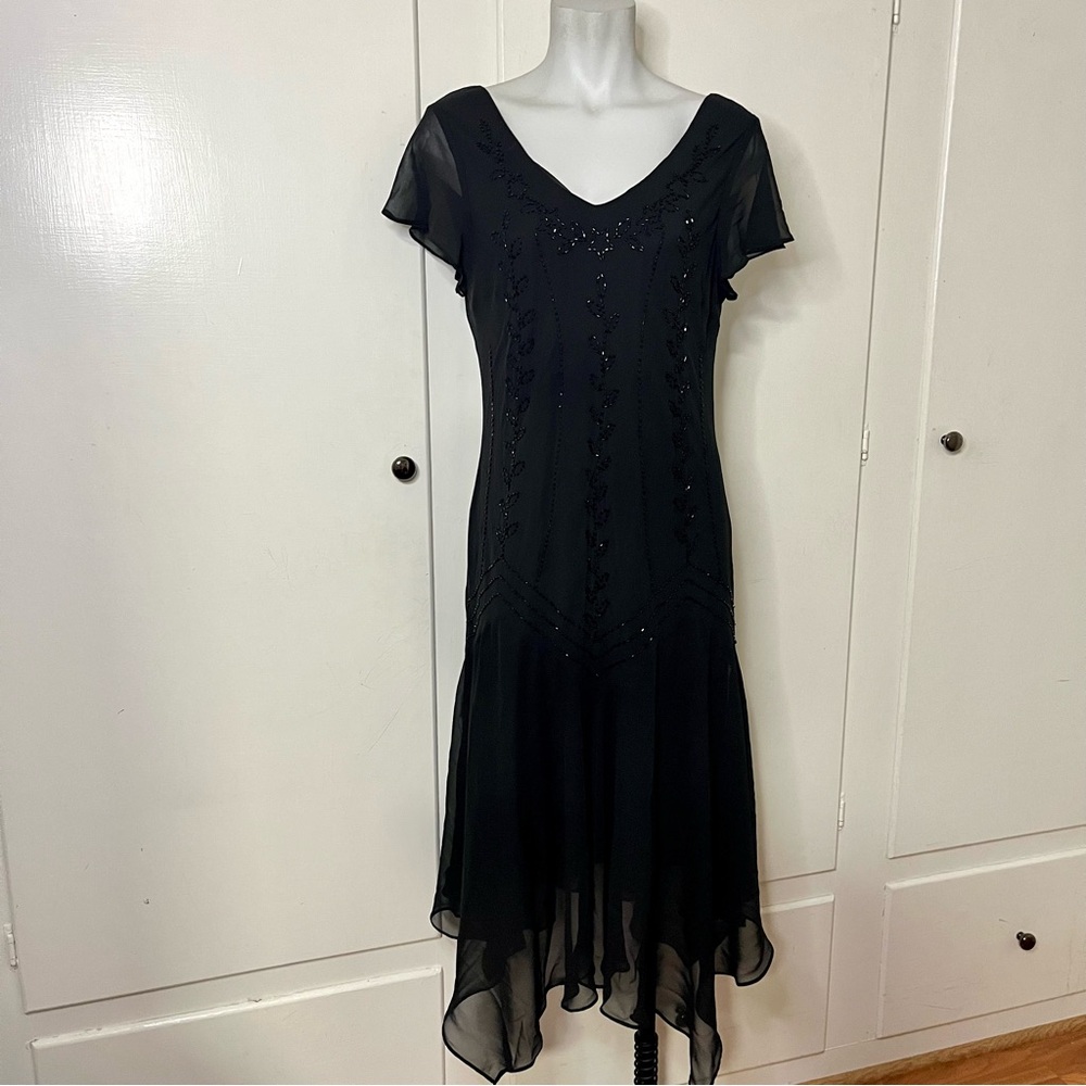 Vintage 90s SL Fashions Black Beaded Strappy Back Midi Dress